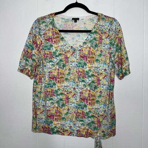 Talbots Women’s City Scape Print Short Sleeve Sweater V Neck Size Large - Picture 1 of 5